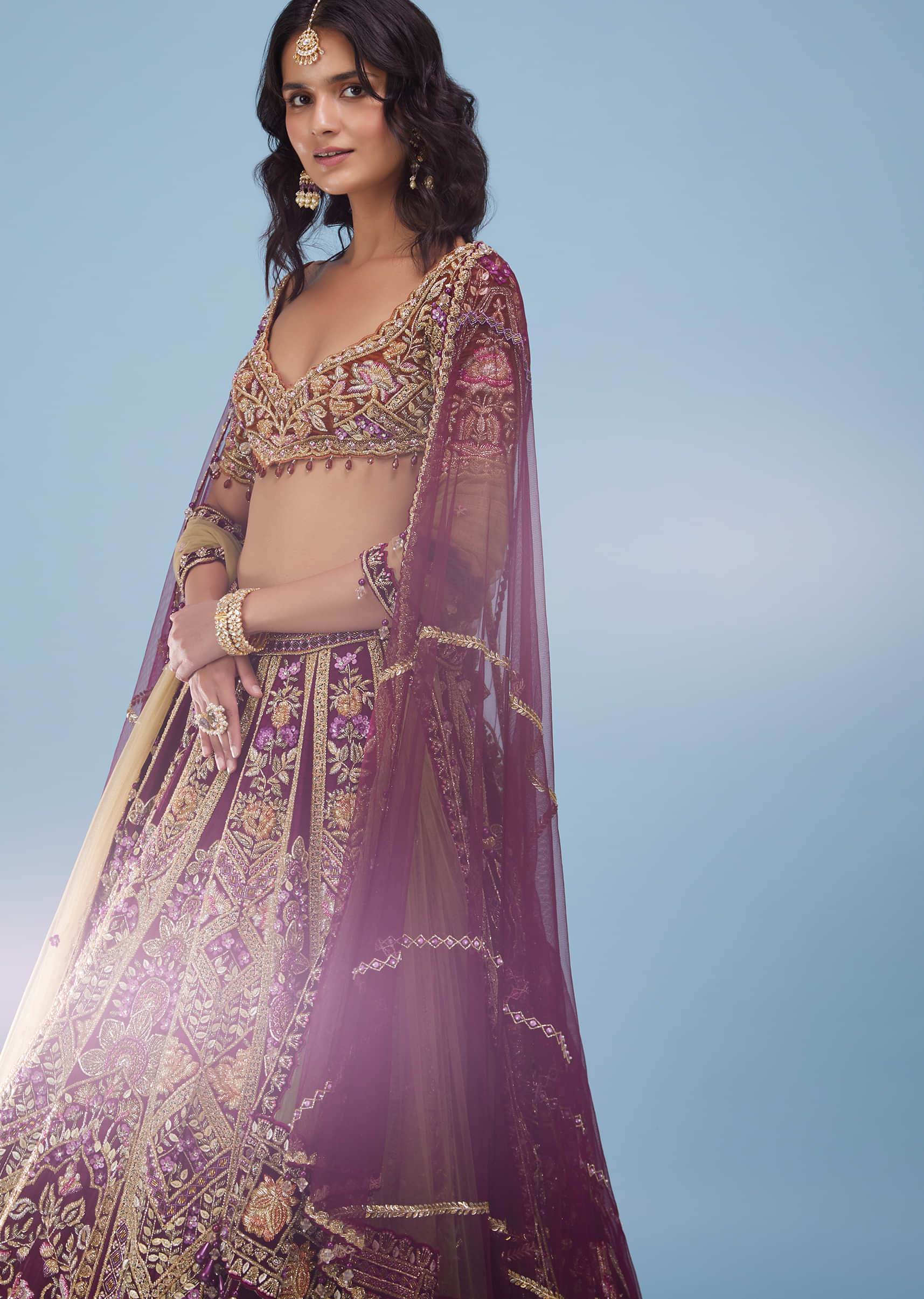 Wine Red Queenly Bridal Lehenga In Velvet With Heavy Floral Embroidery - NOOR 2022