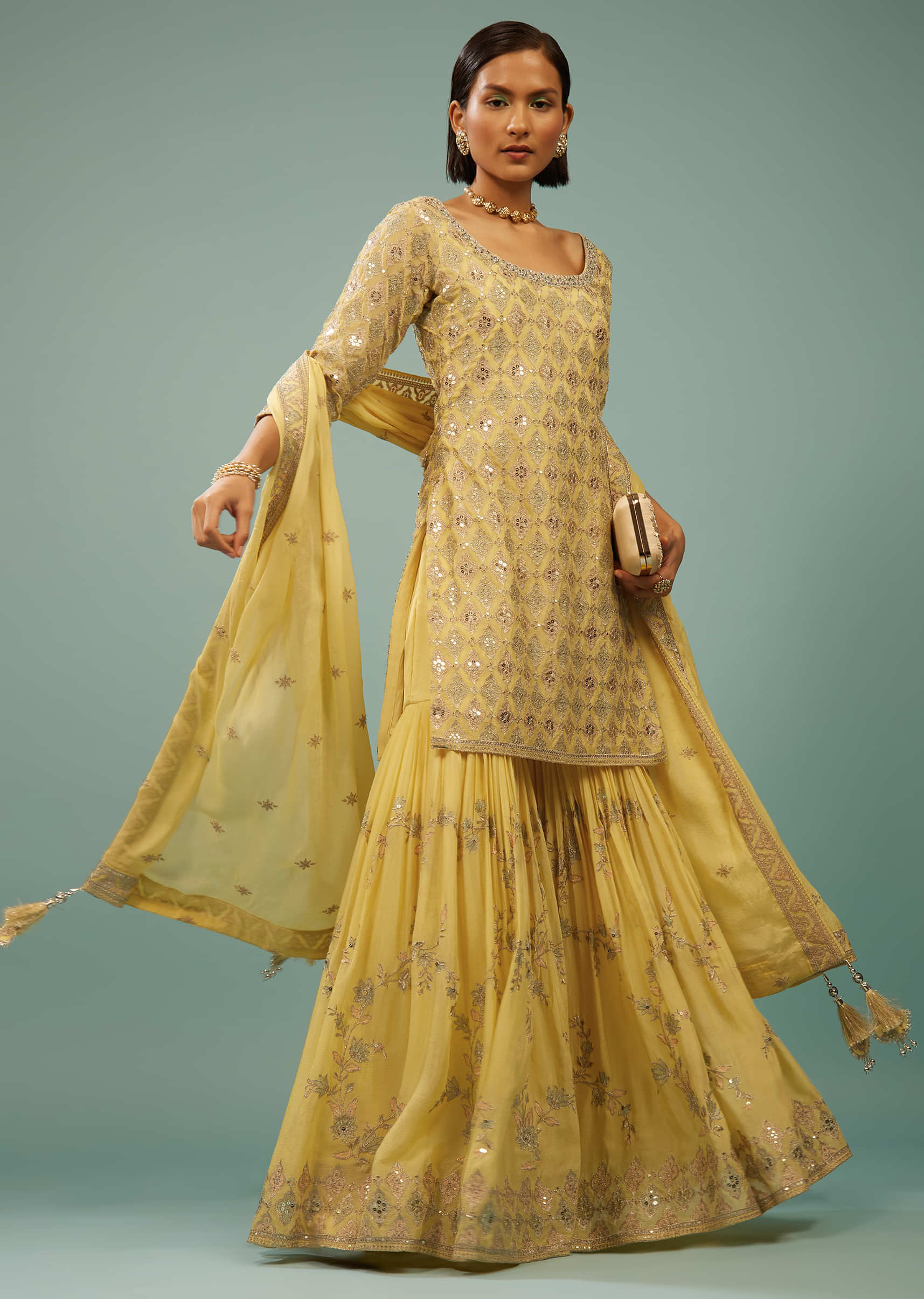 Honey Yellow Sharara Suit With Embroidery