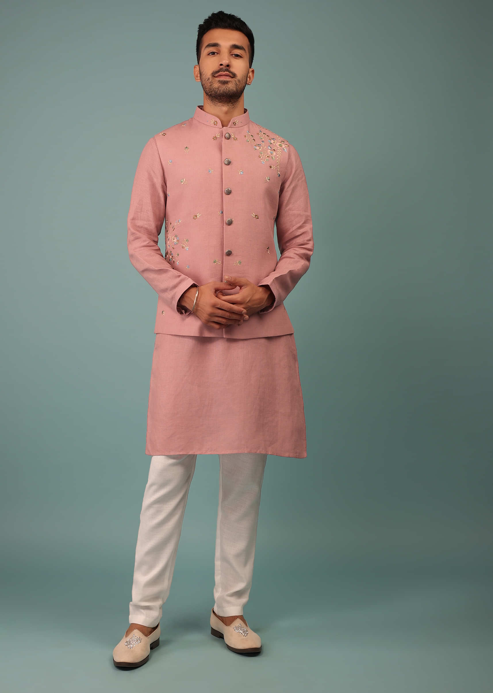 Kalki Zephyr Pink Bandi Jacket Set In Linen With Blooming Floral Embroidery