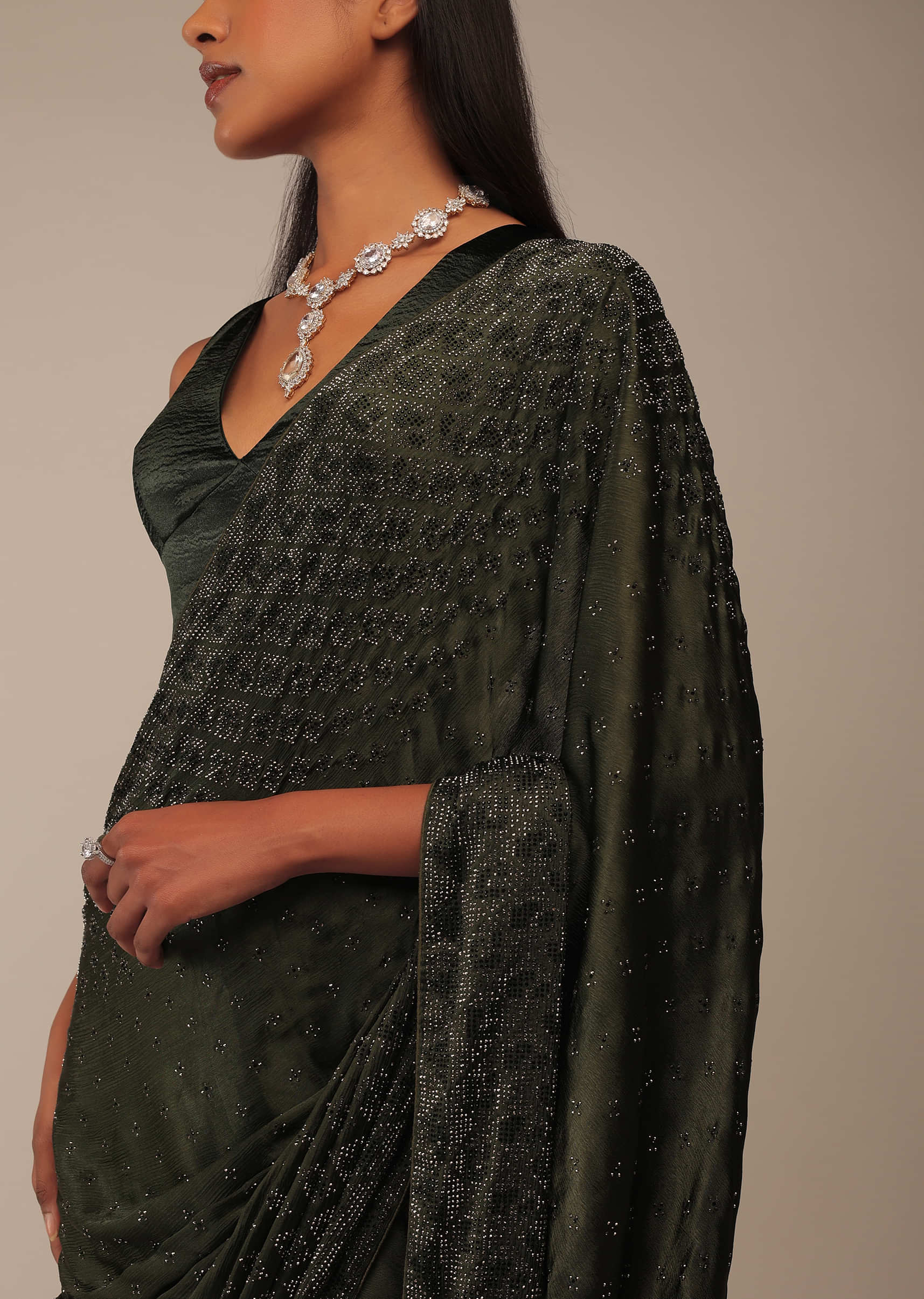 Kombu Green Saree With Stones Embellishment, Crafted In Chiffon With Stones Embellished In Buttis
