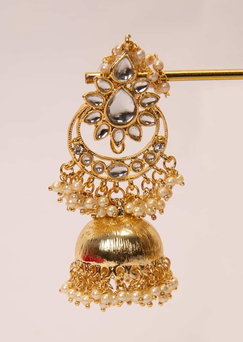 Kundan and moti jhumkas with extendable chain string