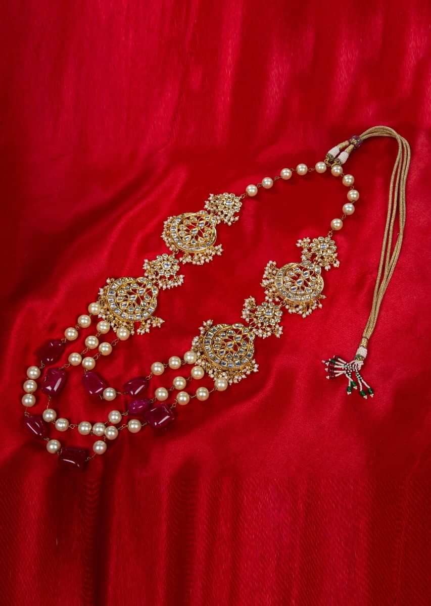 Kundan and moti studded long necklace with multi layer chain in cream pearls and pink marble bead only on kalki