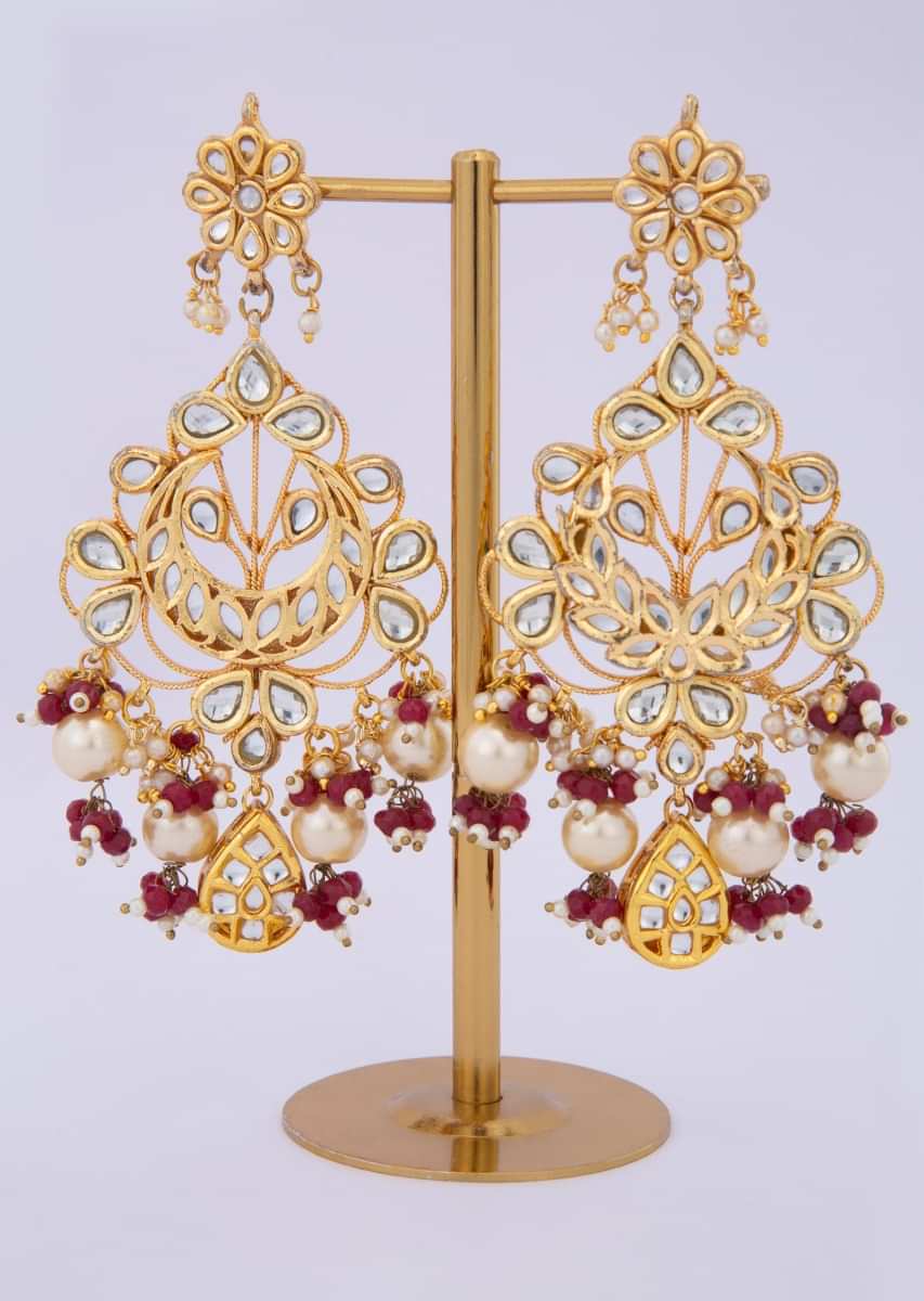 Kundan studded chandelier earring with pearl and nano moti drop only on kalki