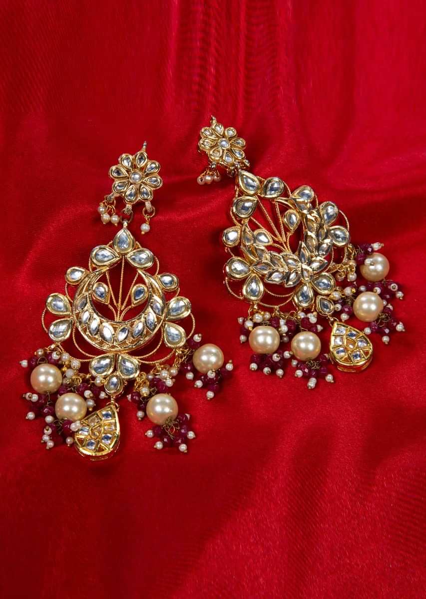 Kundan studded chandelier earring with pearl and nano moti drop only on kalki