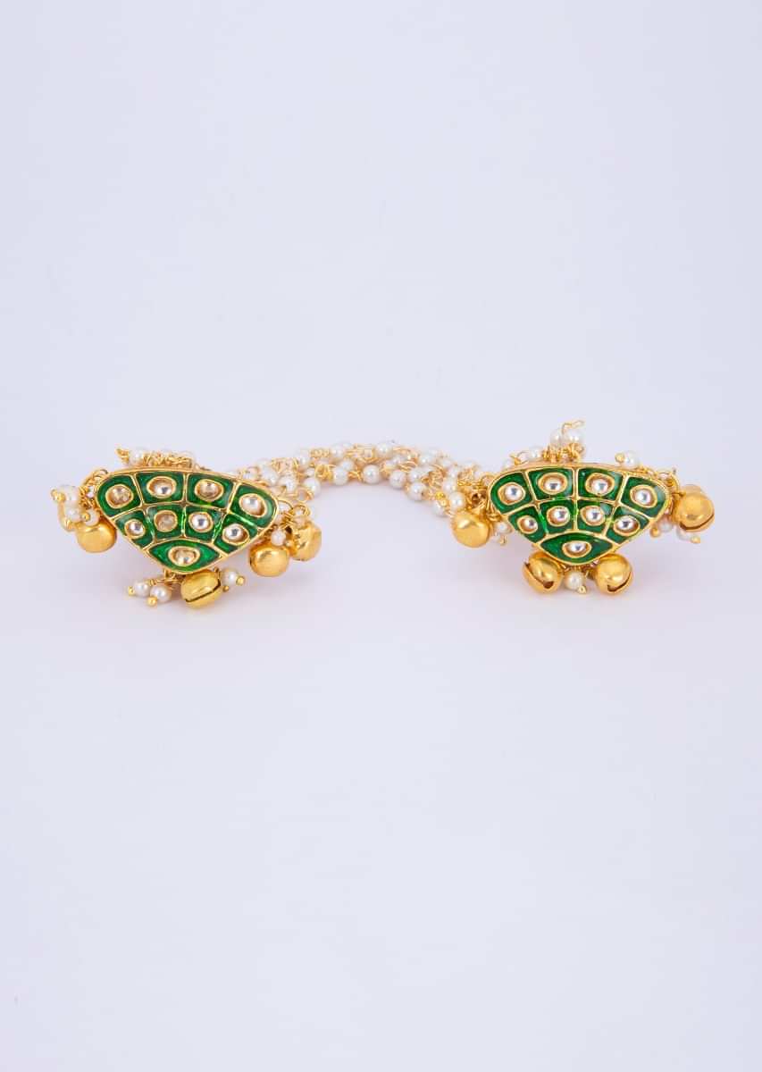 Kundan studded green rings with attached nano moti stings only on Kalki