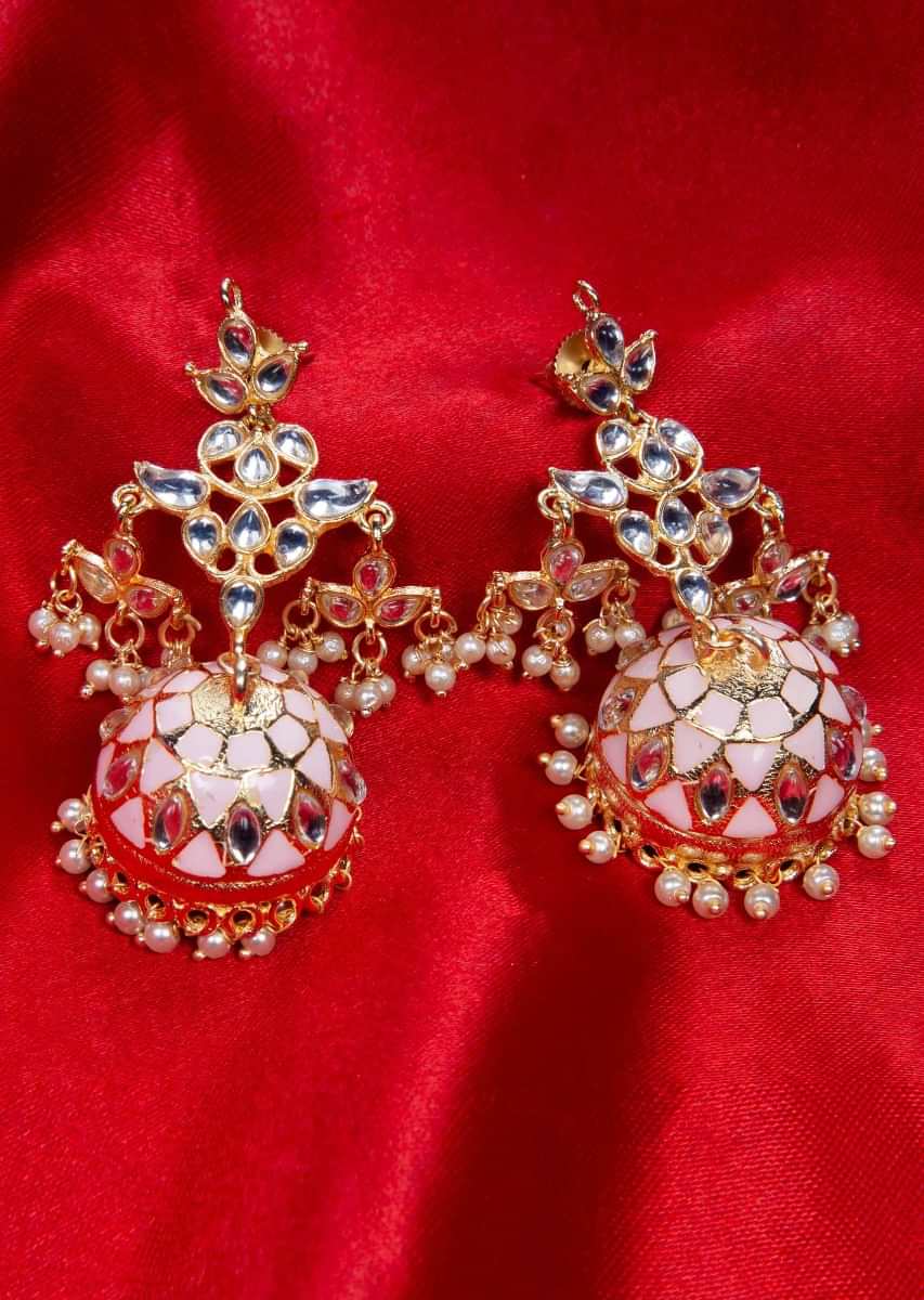 Kundan studded jadau earring with pink jhumkas only on kalki