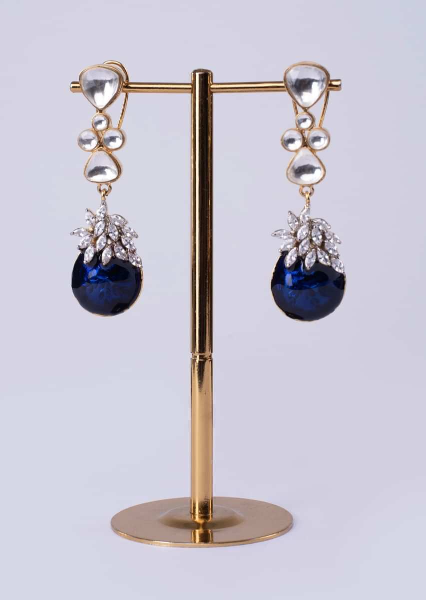 Kundan studded long drop earring with navy blue semi precious stone drop  only on Kalki