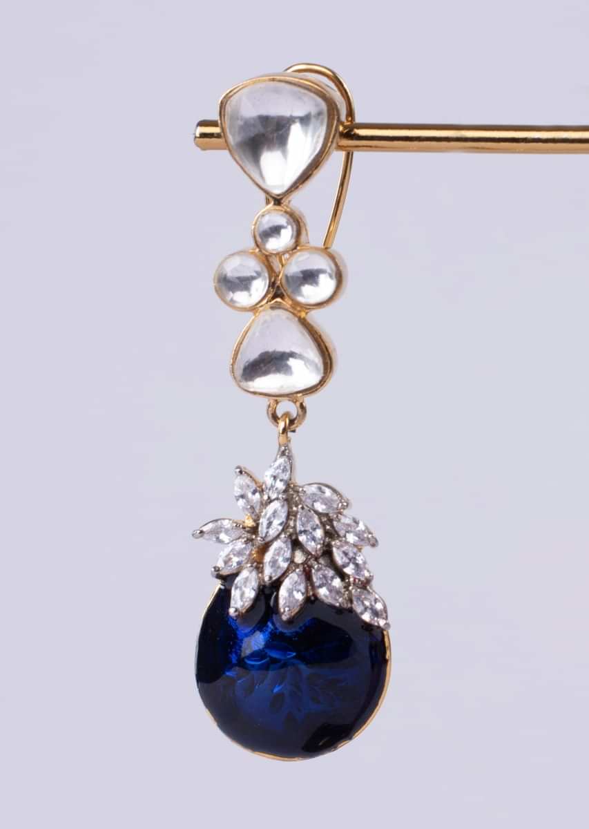 Kundan studded long drop earring with navy blue semi precious stone drop  only on Kalki