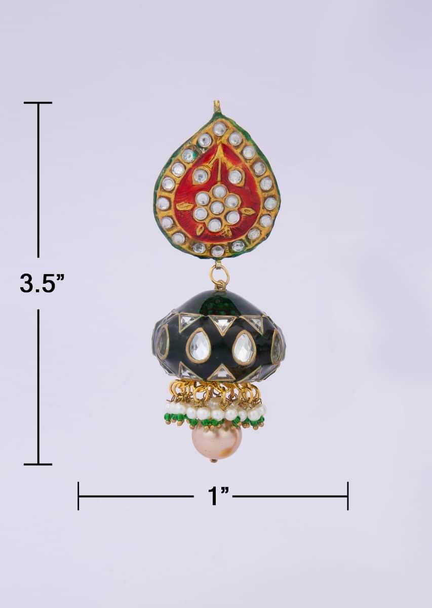 Kundan studded meenakari long drop earring with nano moti and gold earl drops only on kalki