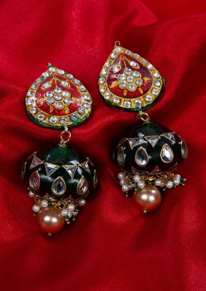 Kundan studded meenakari long drop earring with nano moti and gold earl drops only on kalki