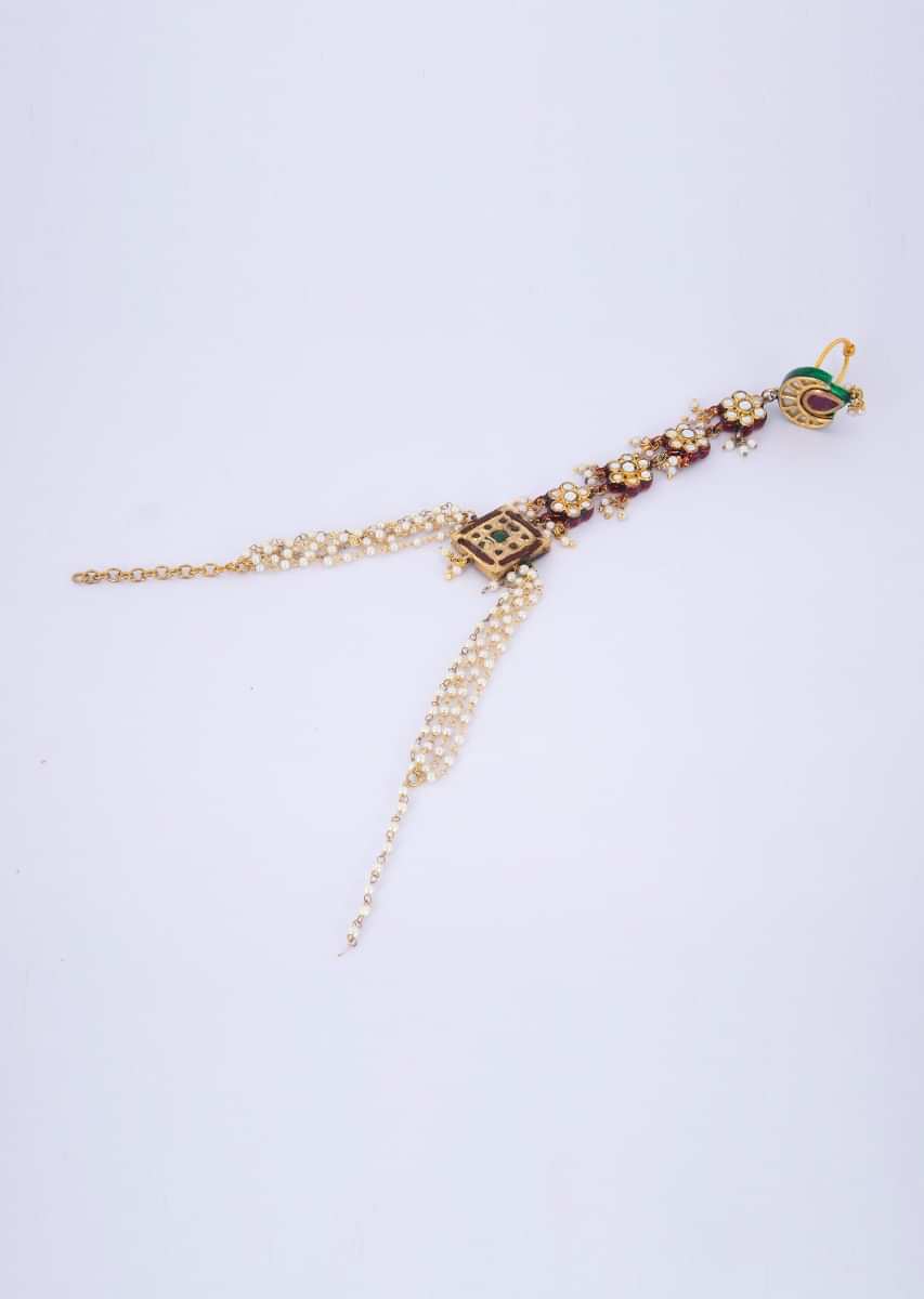 Kundan studded ring with attached bracelet in multi layer nano moti strings only on Kalki