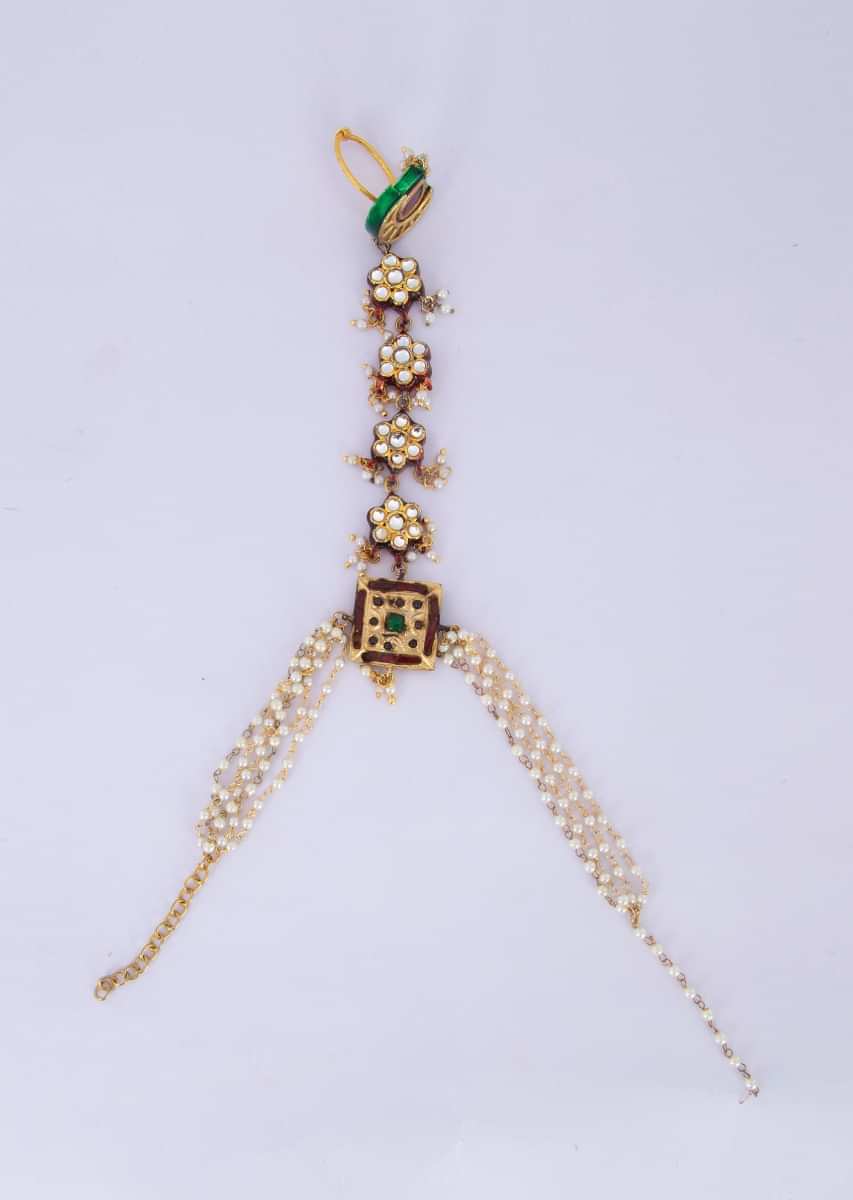 Kundan studded ring with attached bracelet in multi layer nano moti strings only on Kalki