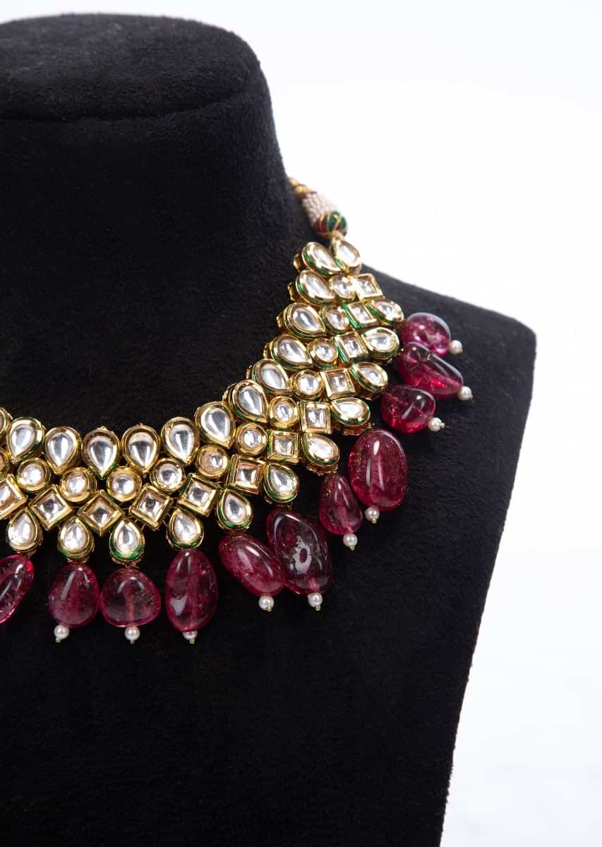 Kundan studded round choker necklace with crystal bead drops only on Kalki