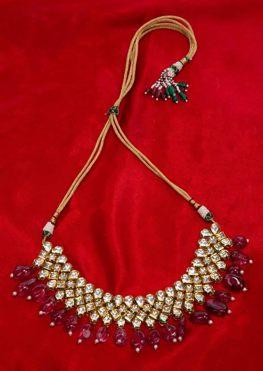 Kundan studded round choker necklace with crystal bead drops only on Kalki