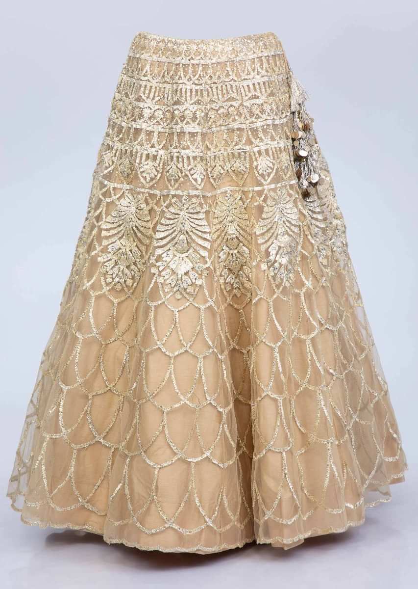 Beige Lehenga And Blouse In Lace Jaal Embroidered Net With Matching Net Dupatta Online - Kalki Fashion