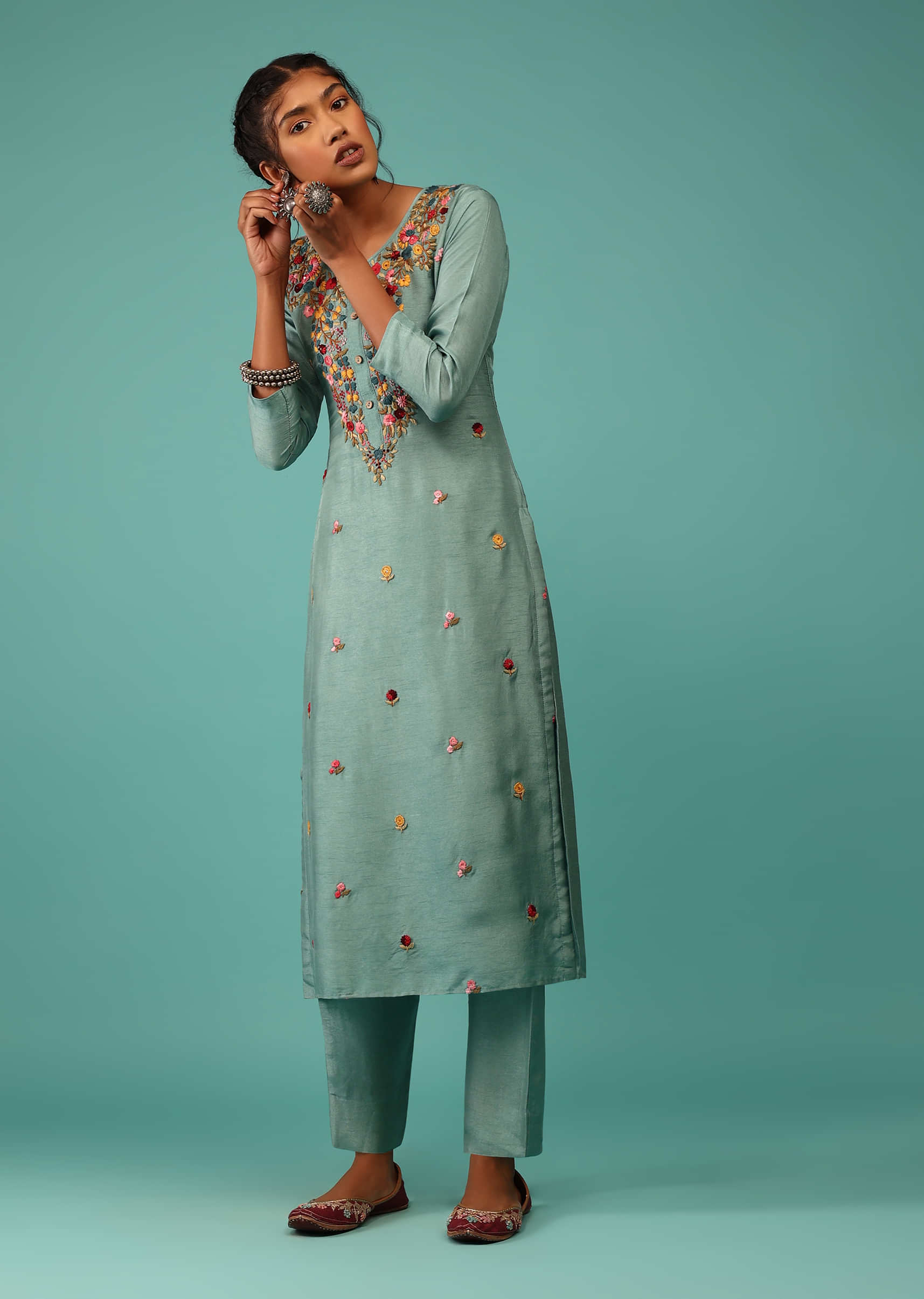 Sea Green Kurta Set In Dola Silk With Kashmiri Thread Embroidery And 3D Floral Work