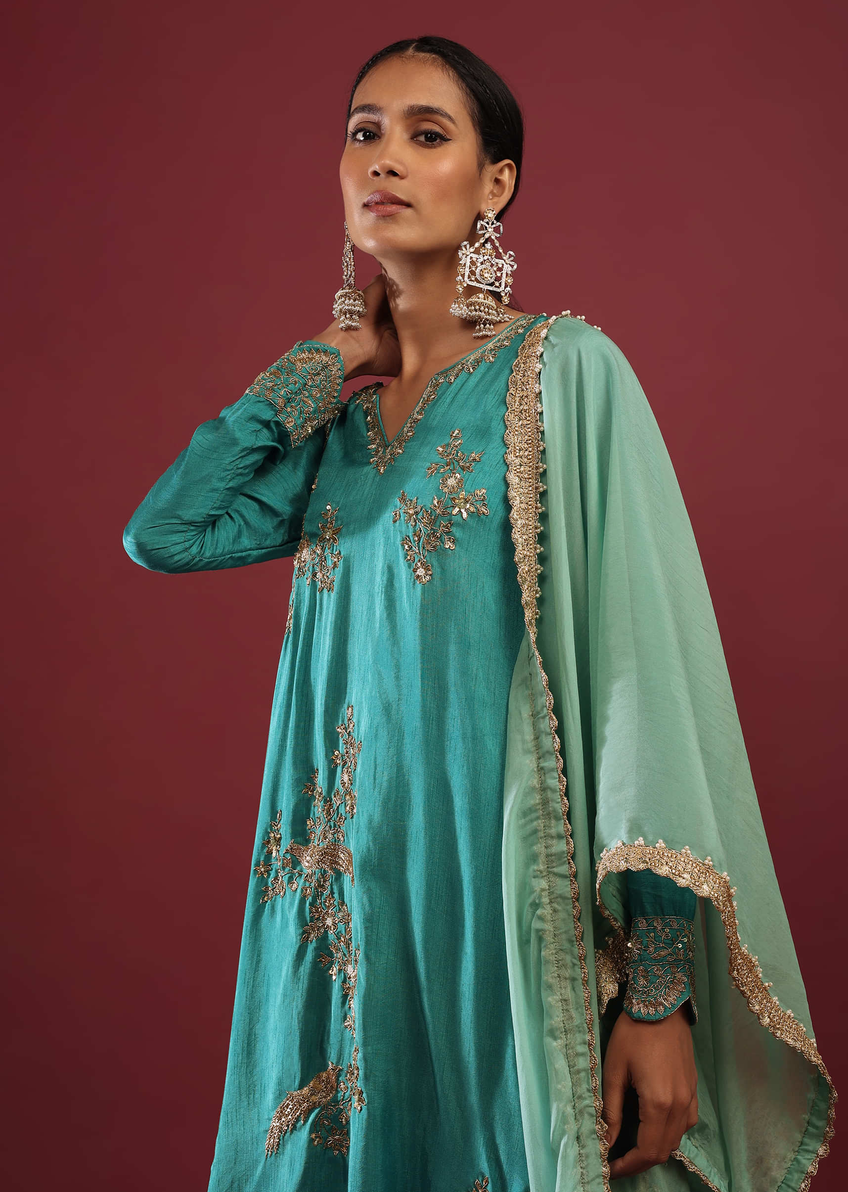 Mint Blue A Line Suit With Zardosi Embroidered Bird Motifs And Mint Dupatta