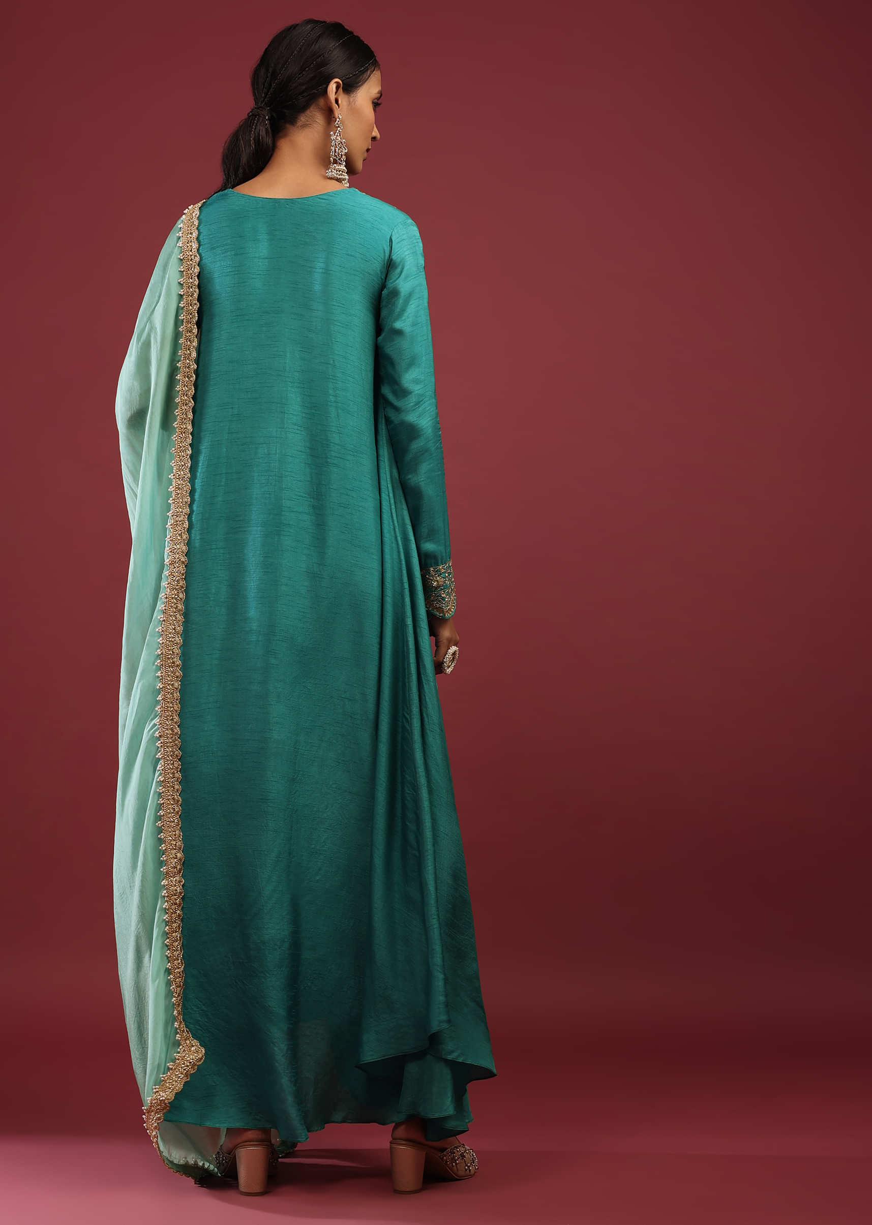Mint Blue A Line Suit With Zardosi Embroidered Bird Motifs And Mint Dupatta