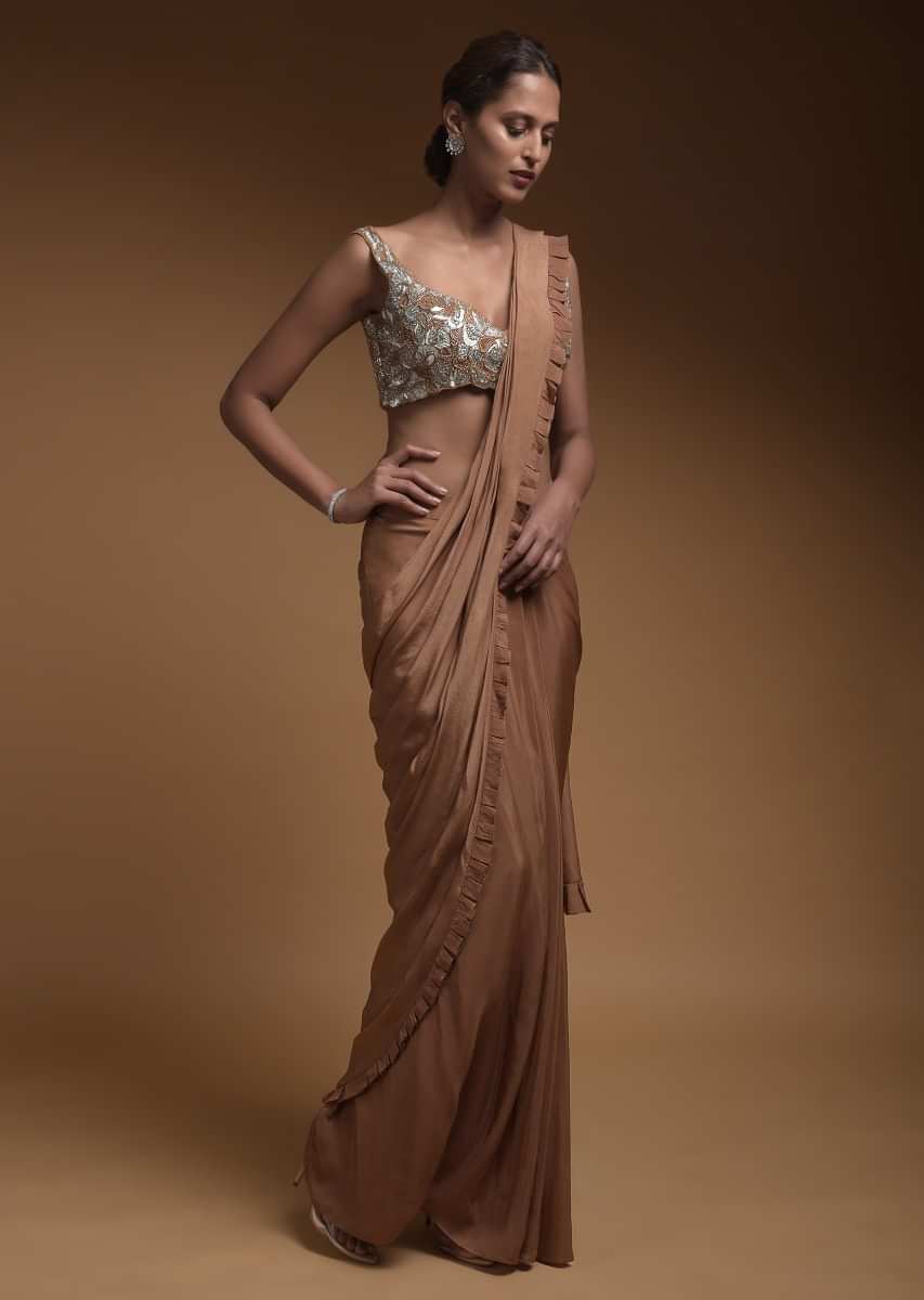 Latte Brown Ready Pleated Saree In Crepe With Pleated Frill On The Pallu And Hand Crafted Crop Top  