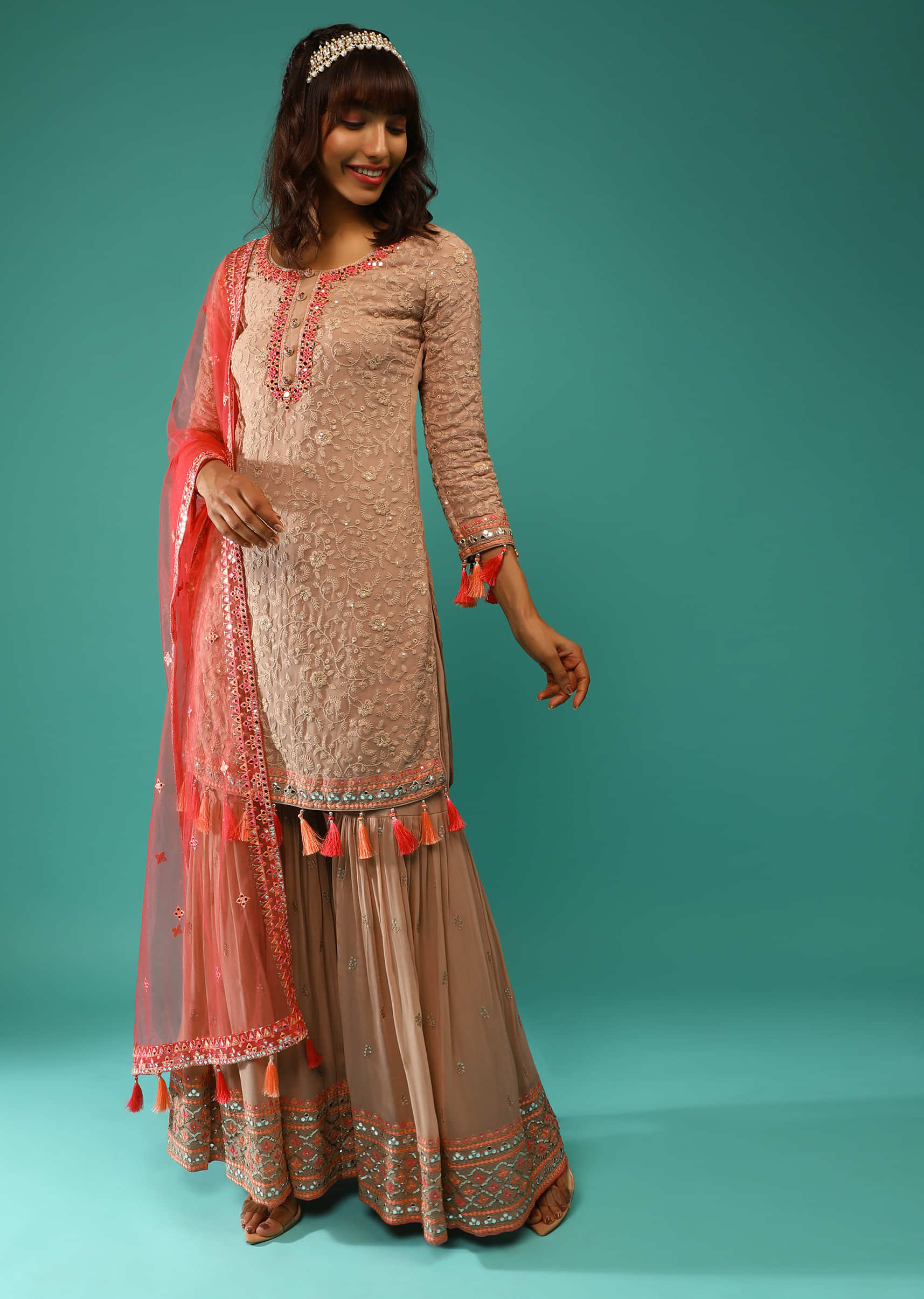 Latte Brown Sharara Suit In Georgette With Lucknowi Jaal Along With Multicolored Mirror Abla And Tassel Detailing  