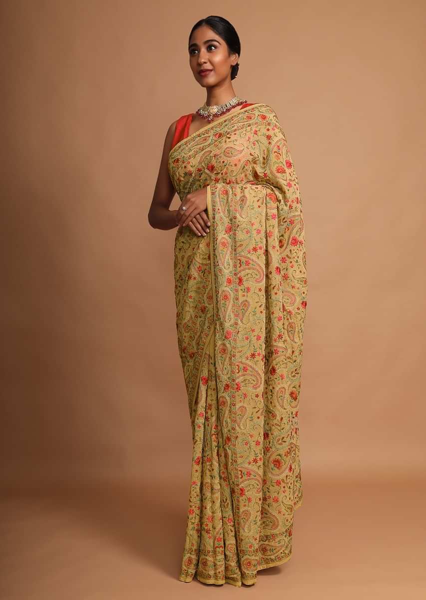 Latte Beige Saree In Georgette With Kashmiri Embroidery In Paisley And Floral Jaal Online - Kalki Fashion