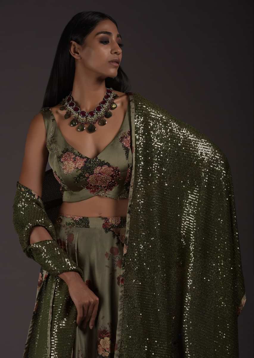Laurel Green Floral Printed Crop Top And Lehenga In Satin With Sequins Embellished Dupatta 