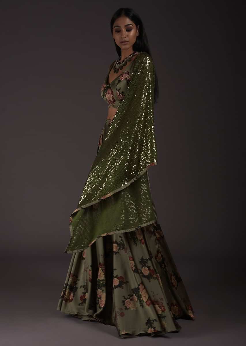 Laurel Green Floral Printed Crop Top And Lehenga In Satin With Sequins Embellished Dupatta 