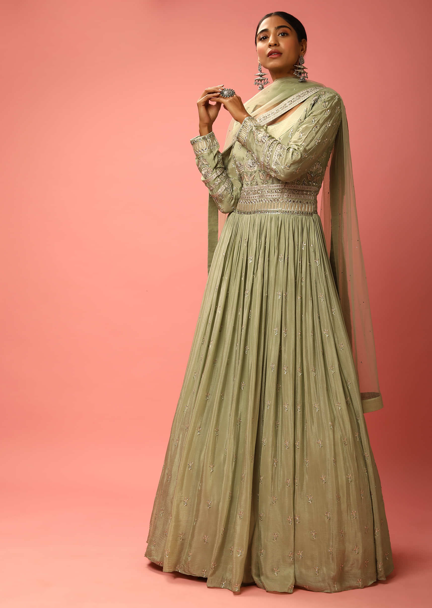 Laurel Green Anarkali Suit In Chiffon With Mirror And Resham Embroidered Floral Motifs