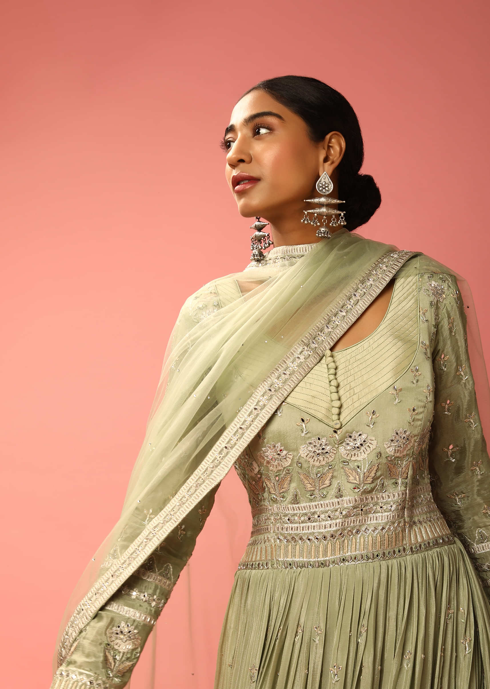 Laurel Green Anarkali Suit In Chiffon With Mirror And Resham Embroidered Floral Motifs