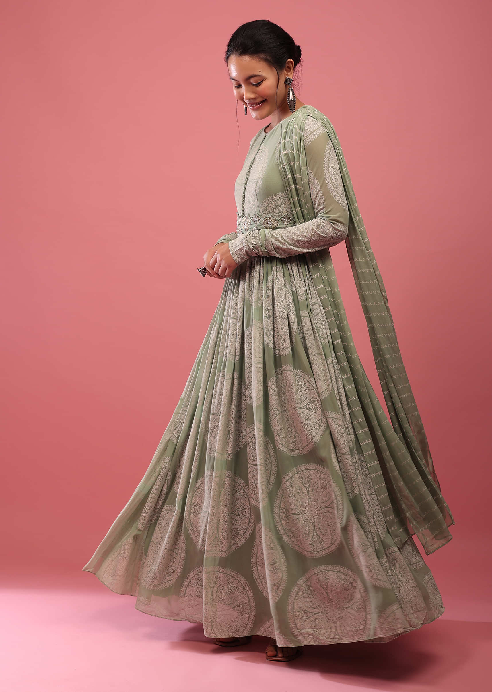 Pista Green Anarkali Suit In Georgette With Attached Dupatta And Floral Embroidered Waistbelt