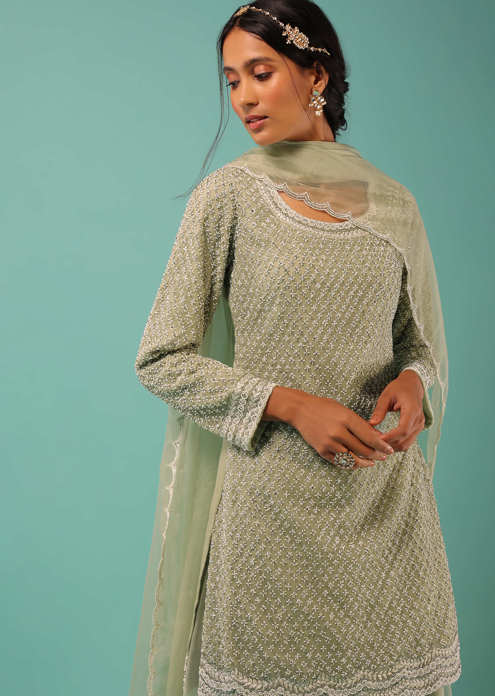 Pista Green Palazzo Suit With Embroidered Mesh Design