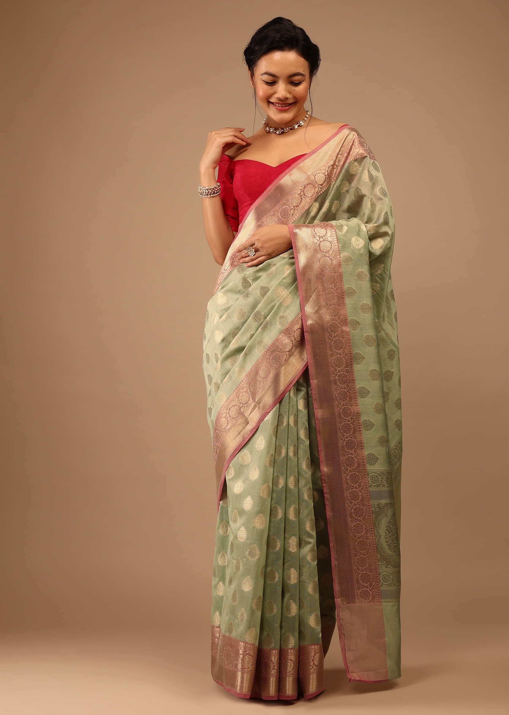 Laurel Green Saree In Banarsi Chanderi And Pure Handloom Cotton