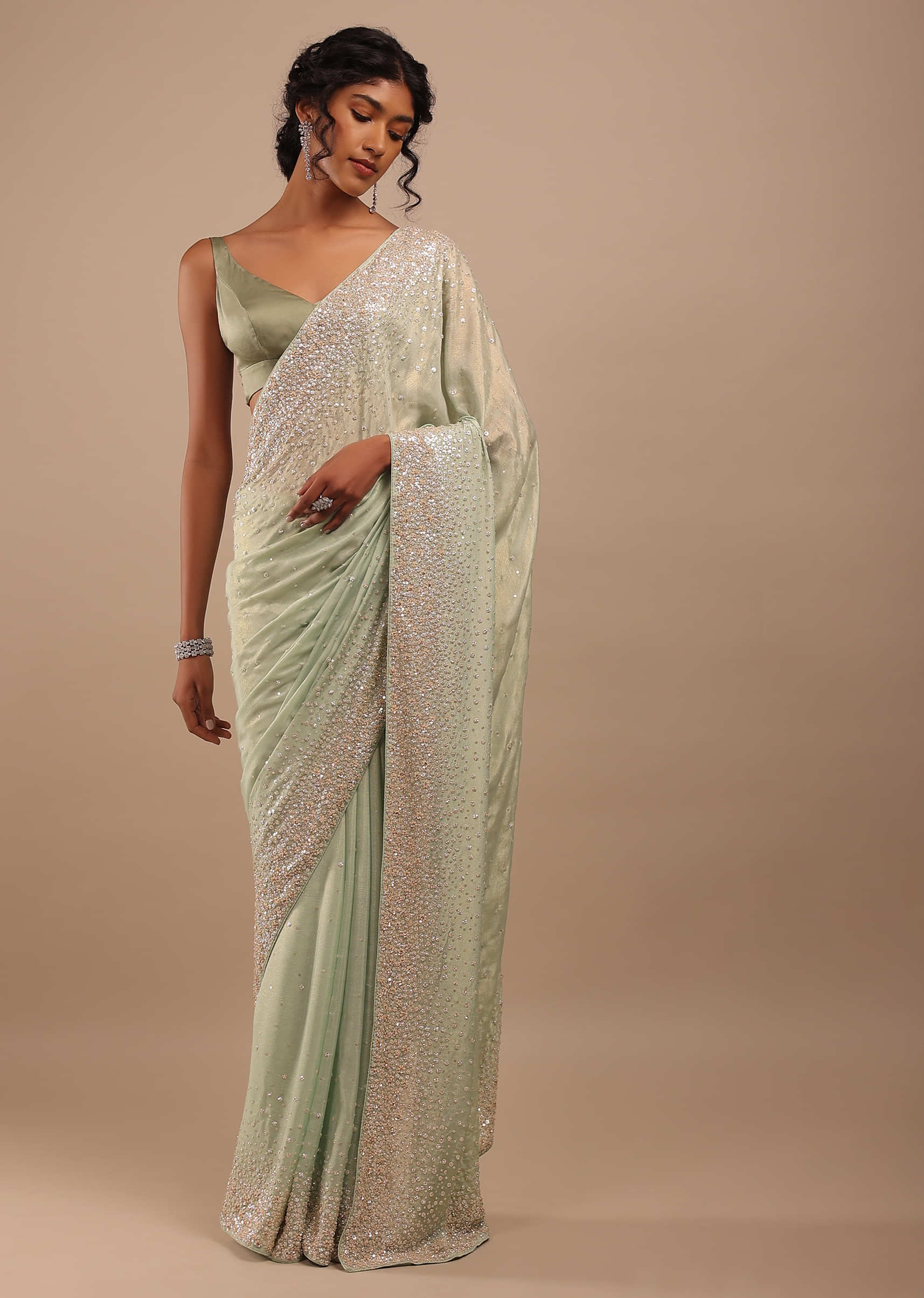 Laurel Green Shimmer Saree With 3D Sequins Floral Motifs Embroidery With Sequins Cascading All Over