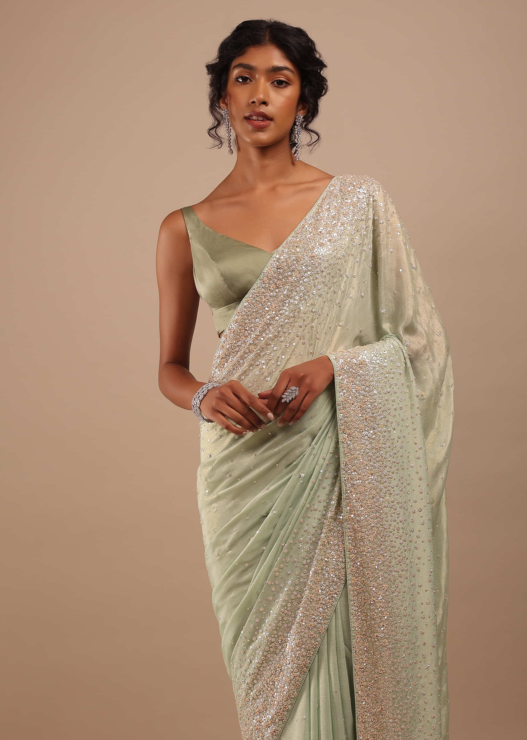 Laurel Green Shimmer Saree With 3D Sequins Floral Motifs Embroidery With Sequins Cascading All Over