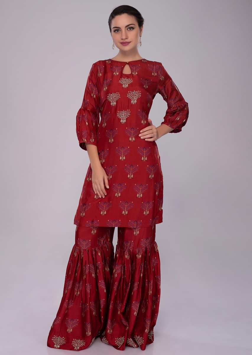 Lava Red cotton silk sharara suit in print and embroidered butti