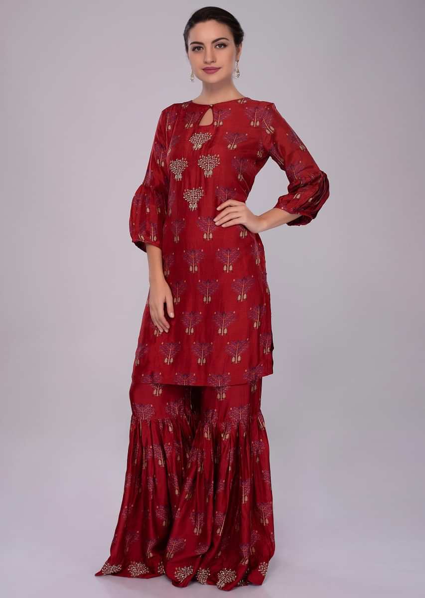 Lava Red Sharara Suit In Cotton Silk With Print And Embroidered Butti Online - Kalki Fashion