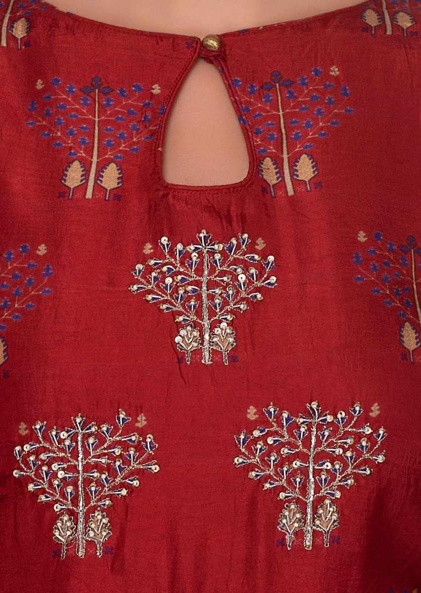 Lava Red cotton silk sharara suit in print and embroidered butti