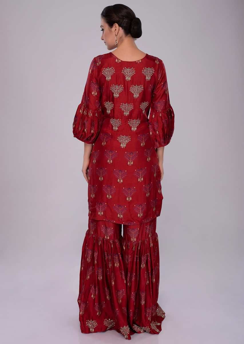 Lava Red Sharara Suit In Cotton Silk With Print And Embroidered Butti Online - Kalki Fashion