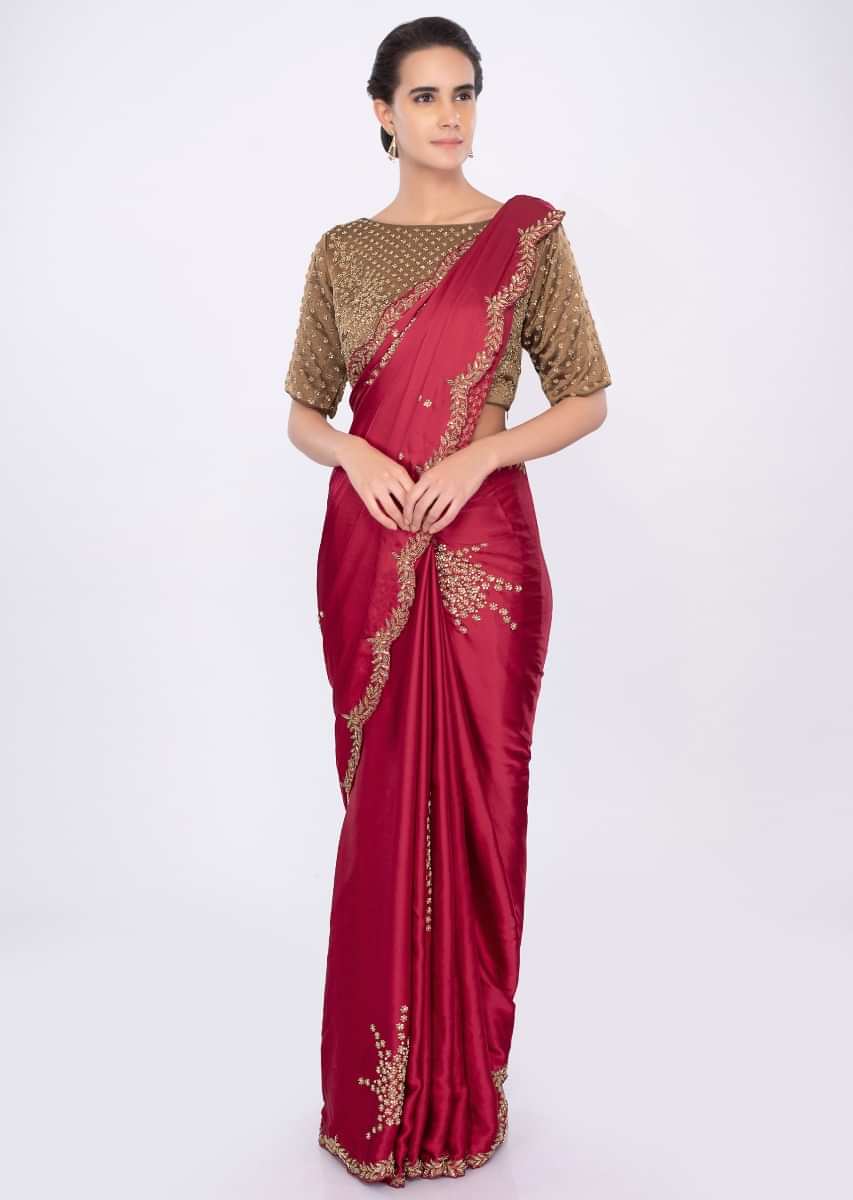 Lava Red Satin Saree With Embroidered Butti Online - Kalki Fashion