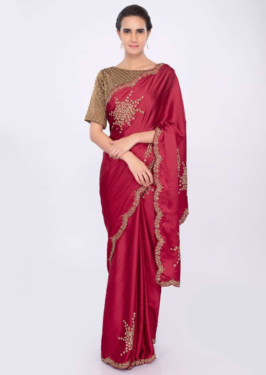 Lava Red Satin Saree With Embroidered Butti Online - Kalki Fashion