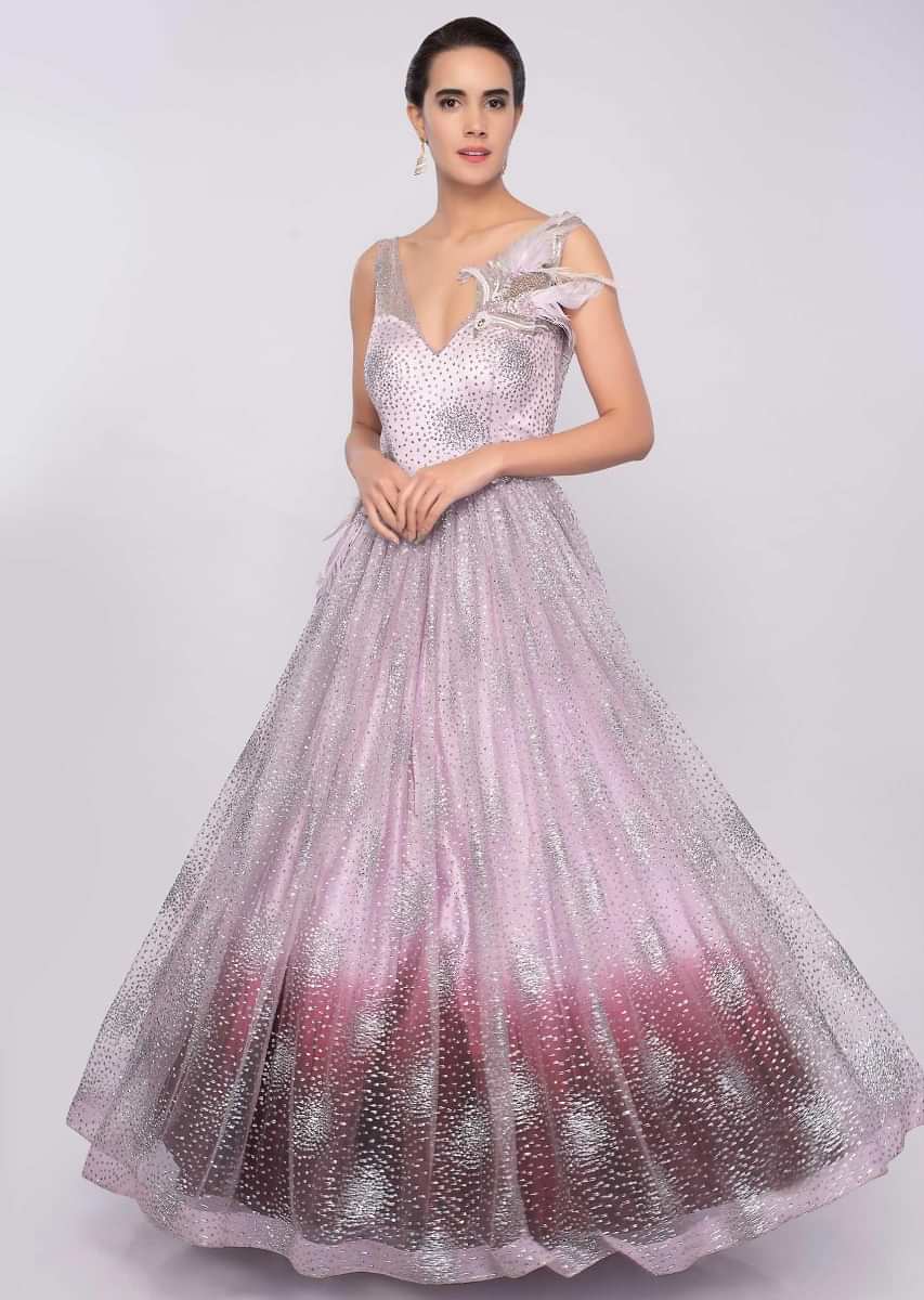 Lavender And Maroon Gown In Shaded Shimmer Net Online - Kalki Fashion