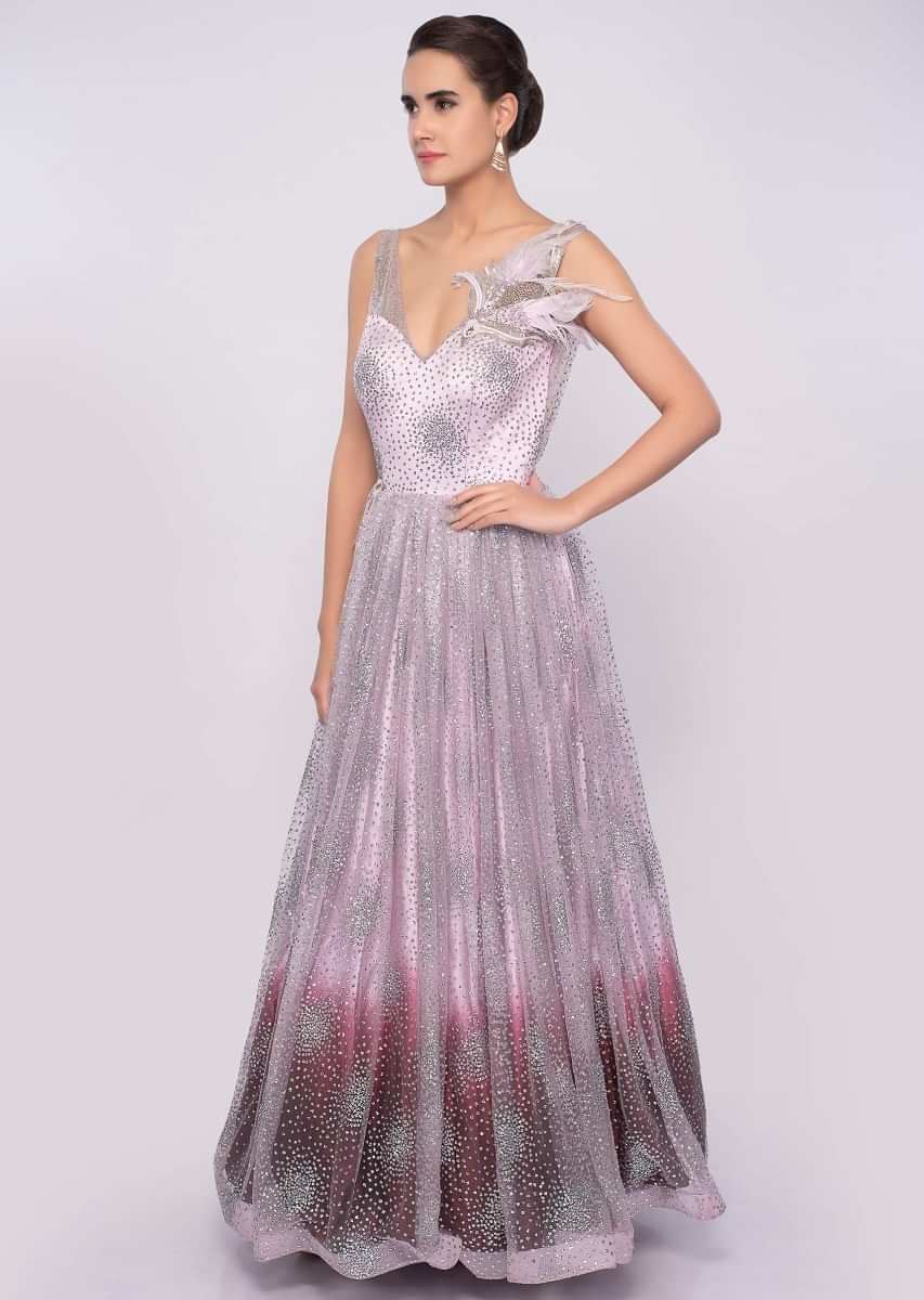 Lavender And Maroon Gown In Shaded Shimmer Net Online - Kalki Fashion