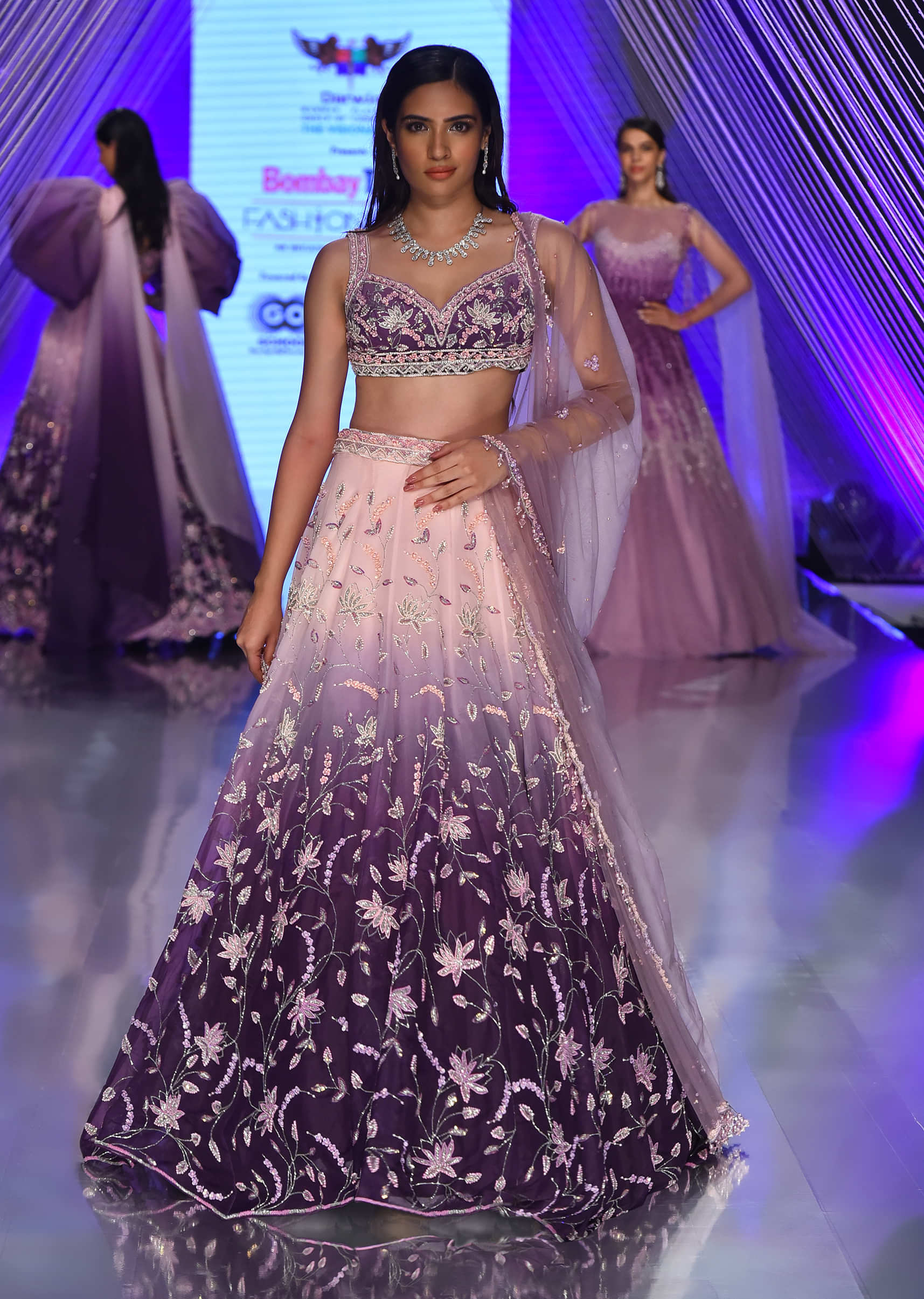 Lavender Ombre Lehenga With The Crop Top In Surface Embroidery