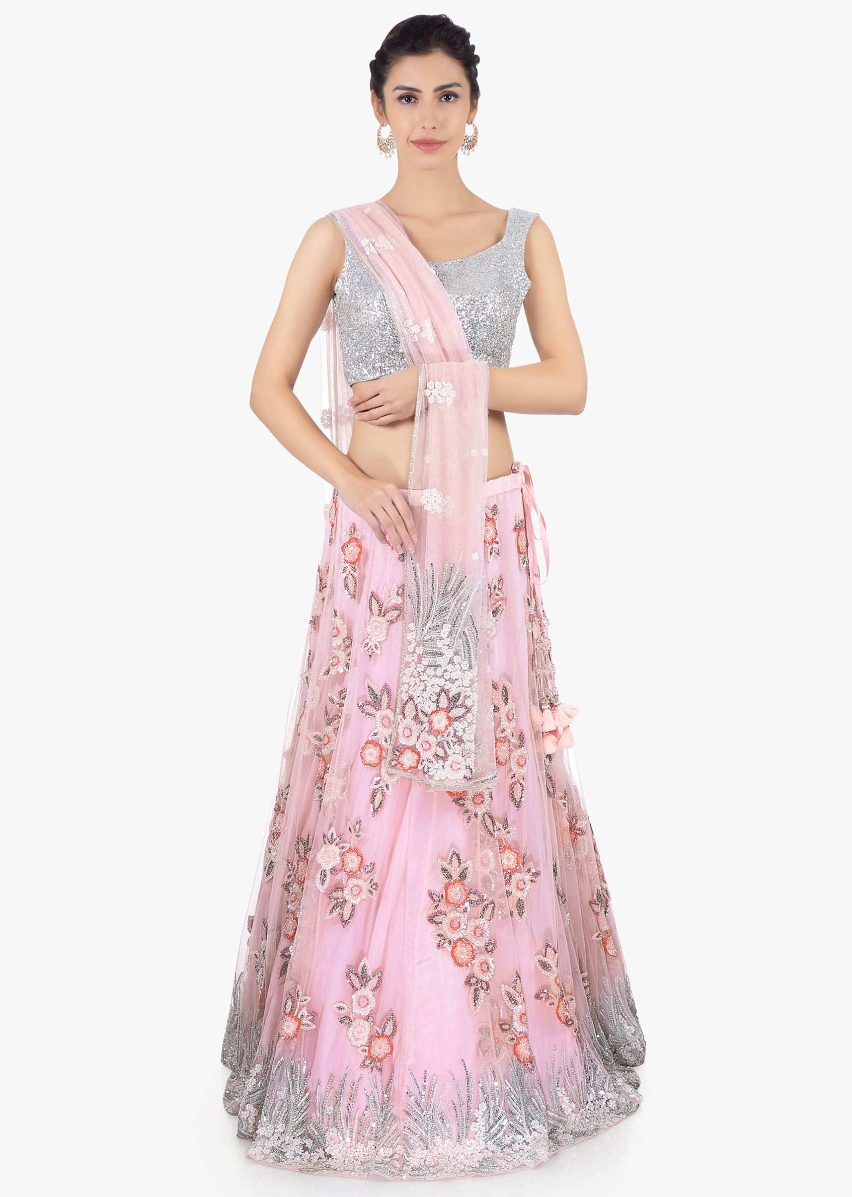 Lavender net lehenga set in sequins and cut dana embroidery