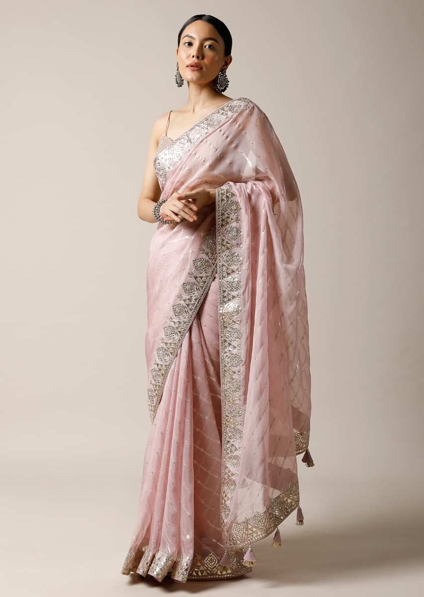 Lavender Purple Saree In Organza With Lurex Stripes And Gotta Patti Border Along With Unstitched Blouse