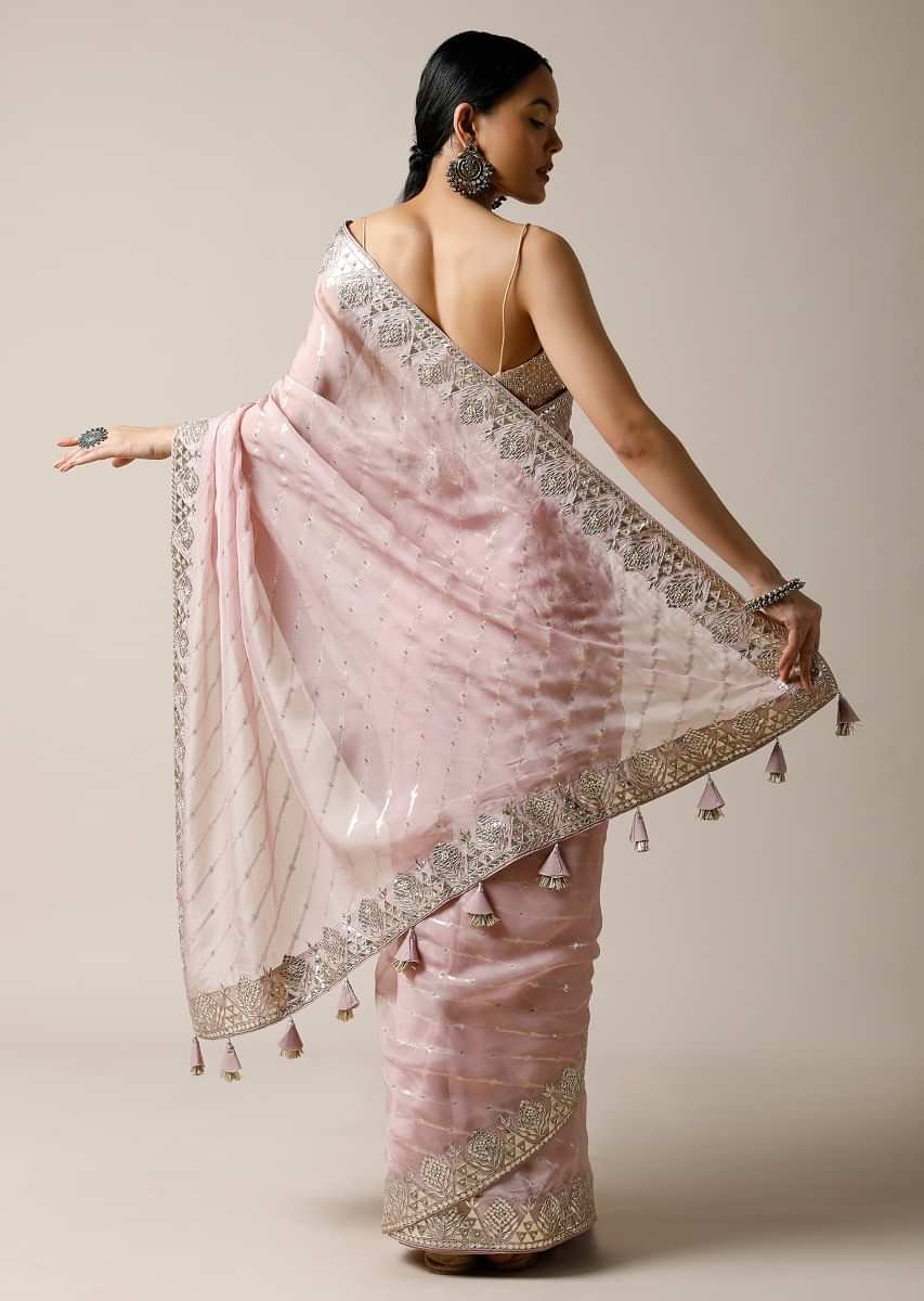 Lavender Purple Saree In Organza With Lurex Stripes And Gotta Patti Border Along With Unstitched Blouse
