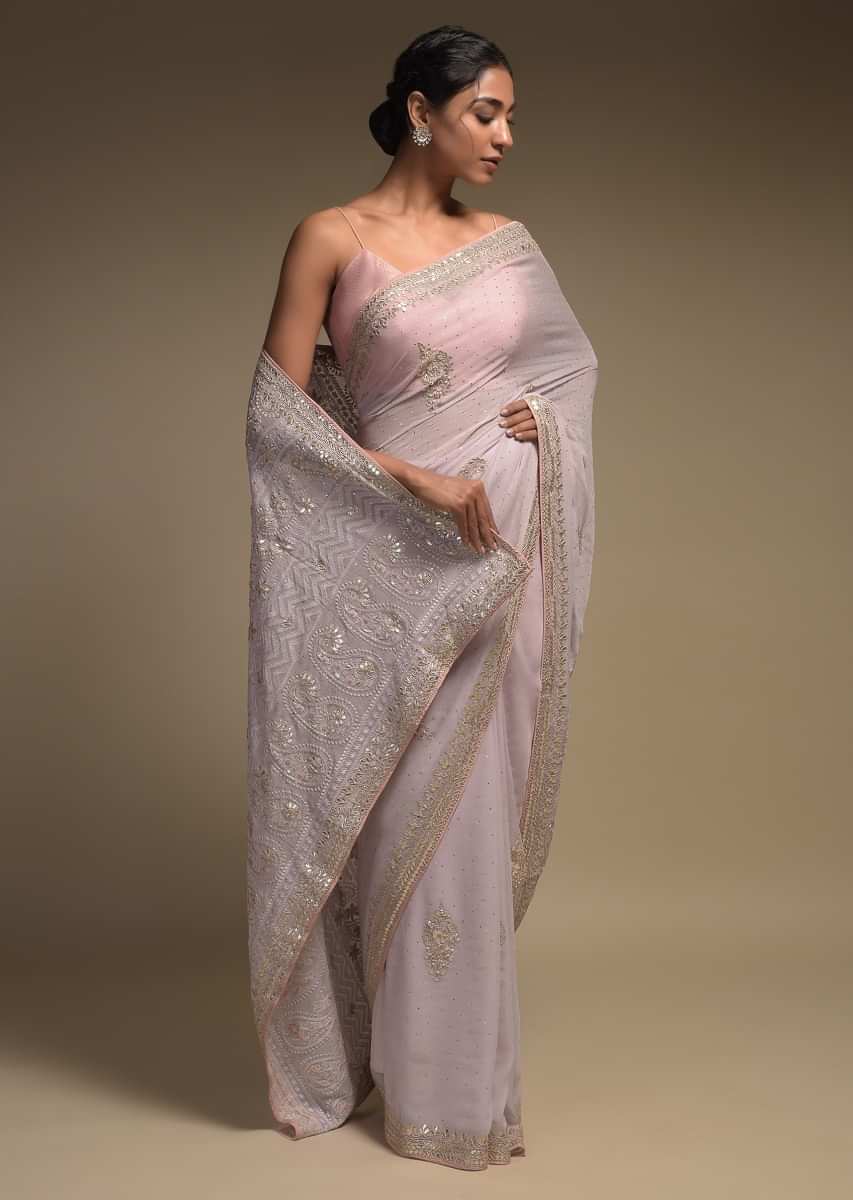 Lavender Saree In Georgette With Lucknowi Thread Embroidered Paisley Pattern On The Pallu