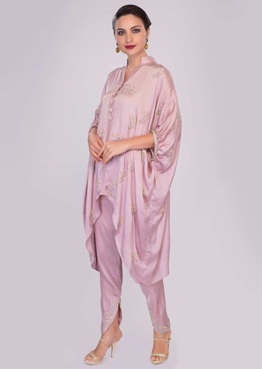 Lavender satin kaftan top adorn in moti and cut dana  paired with matching bottoms 