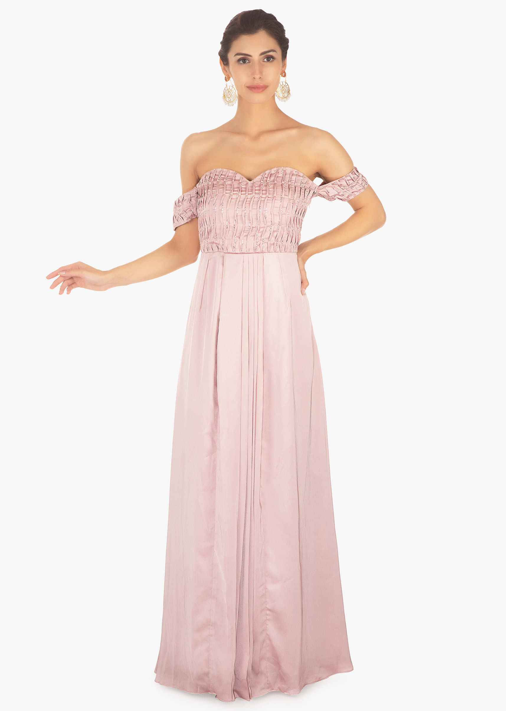 Lavender satin off shoulder gown with pleated bodice and pleats 