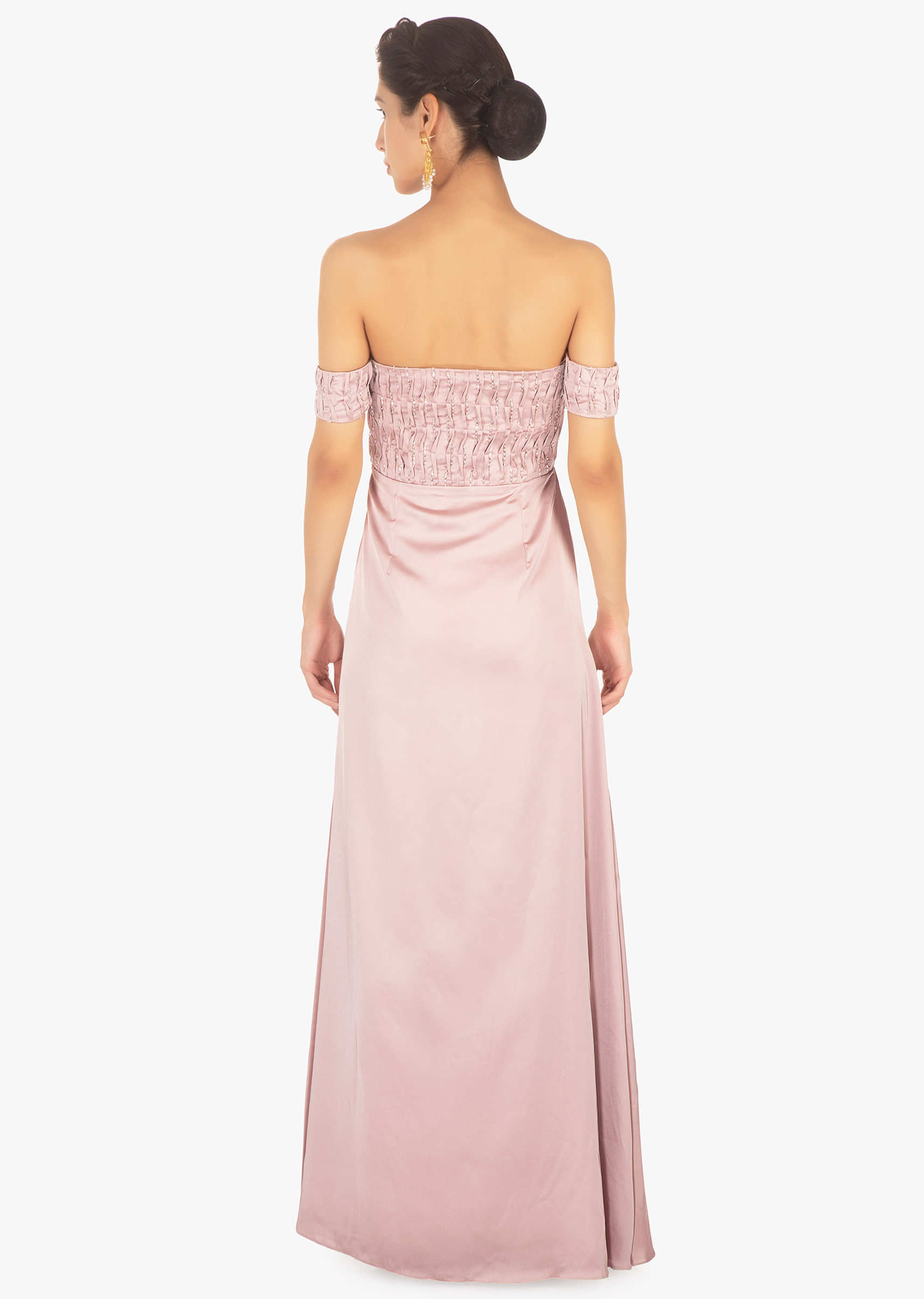 Lavender satin off shoulder gown with pleated bodice and pleats 